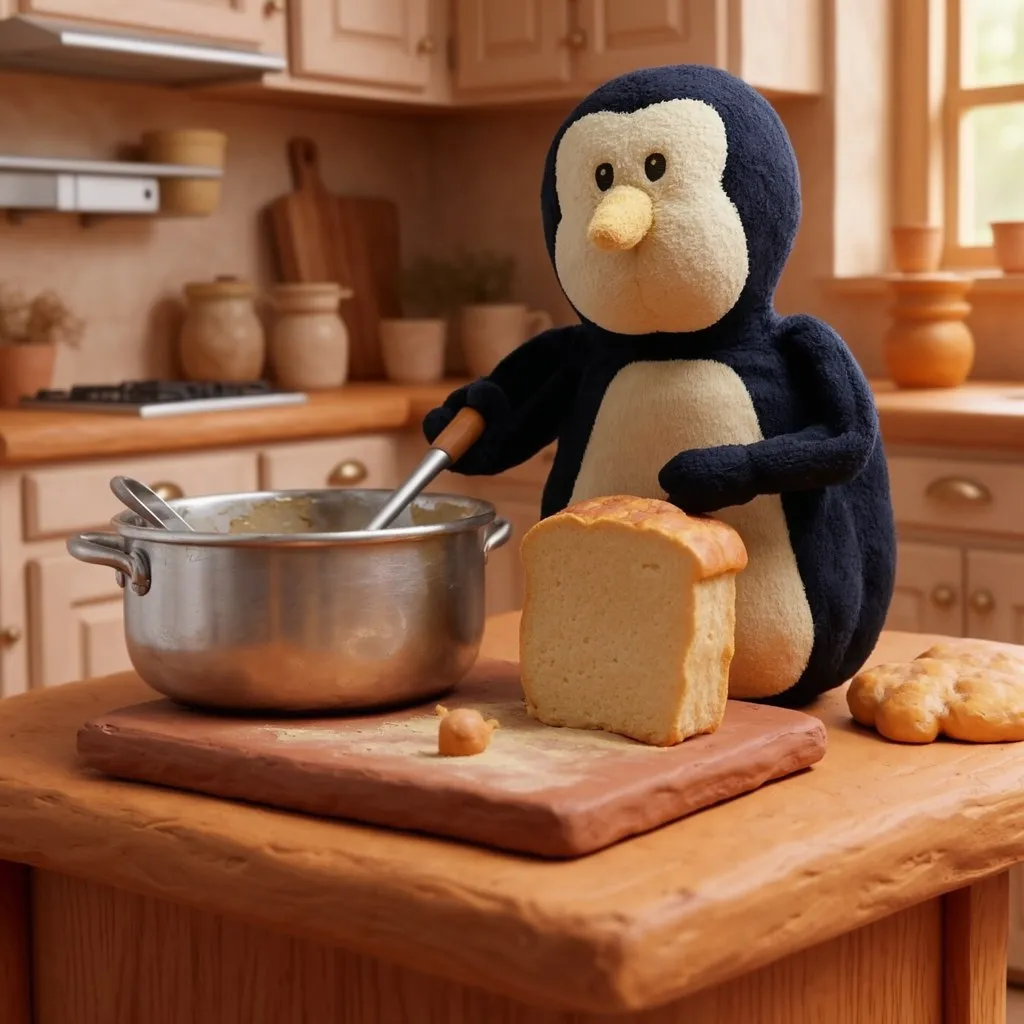 AI-generated claymation still of Penguinoh baking bread