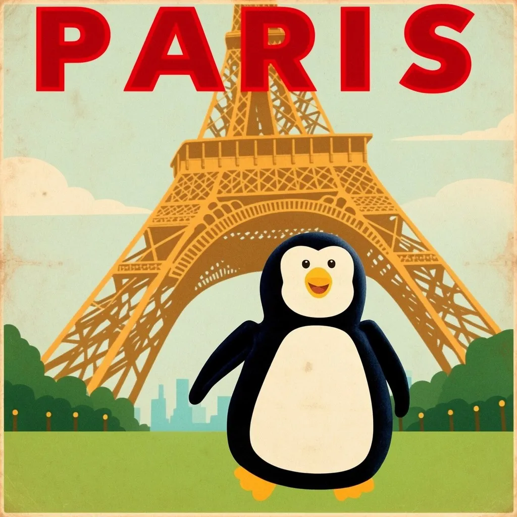 AI-generated vintage travel poster of Penguinoh in Paris