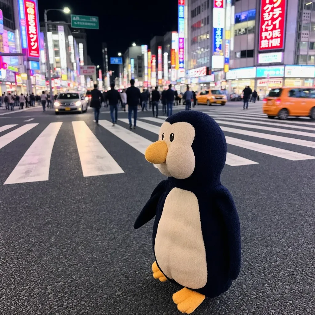 AI-generated photo of Penguinoh crossing Shibuya at night