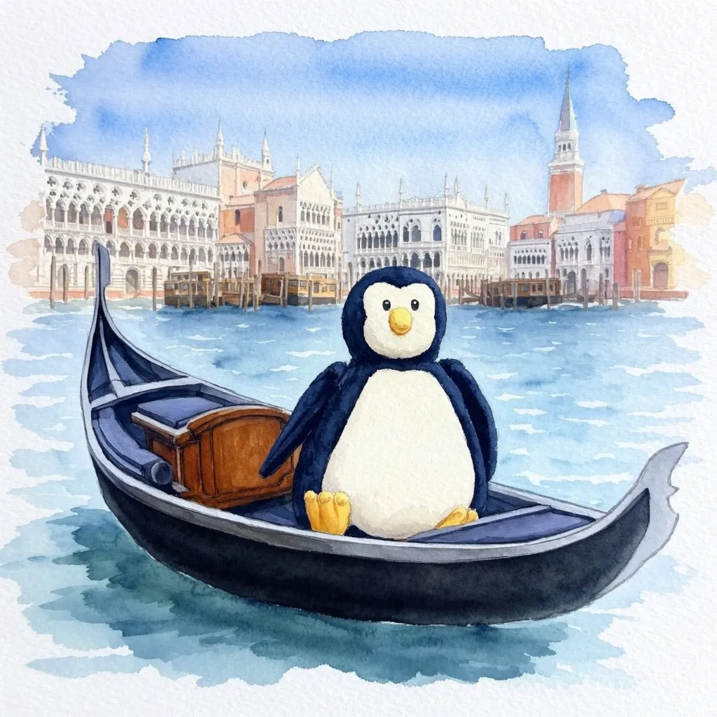 AI-generated watercolor of Penguinoh riding a gondola in Venice